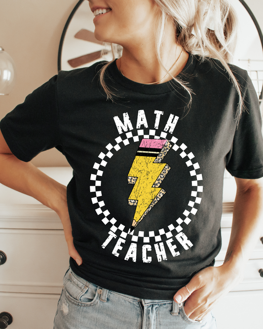 Math Teacher Pencil Lightning Bolt With Checkered Circle