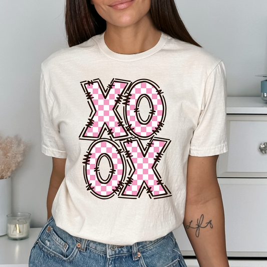 XO OX Pink Checker Doodle Letters Stacked-DTF Transfer