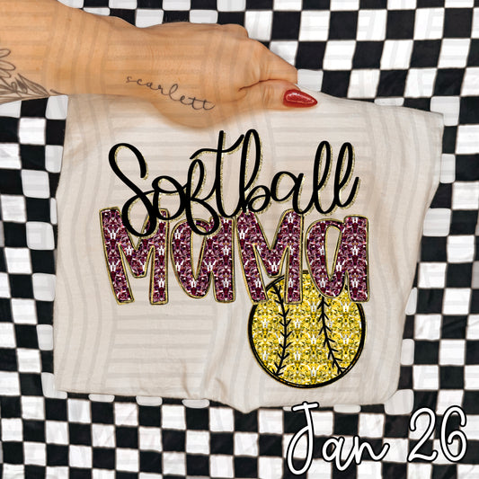 SOFTBALL MAMA MAROON FAUX SPARKLE