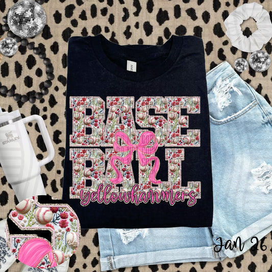 FLORAL YELLOWHAMMERS BASEBALL PINK BOW