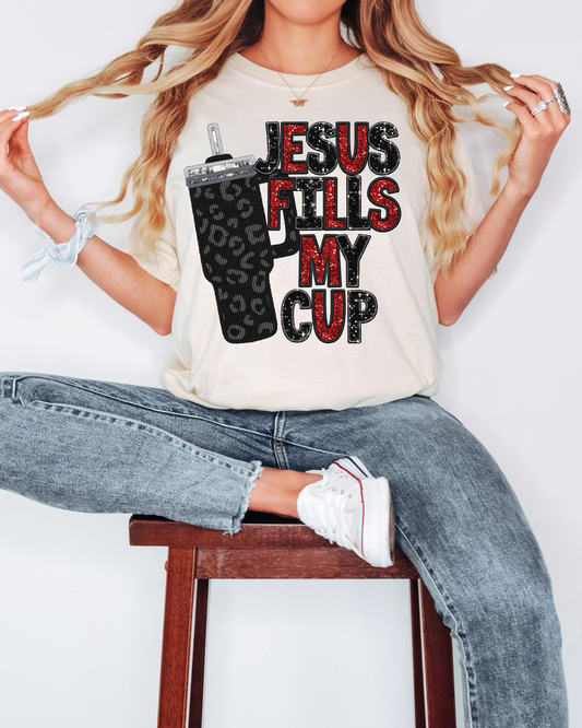 Jesus Fills My Cup Black Cheetah Glitter
