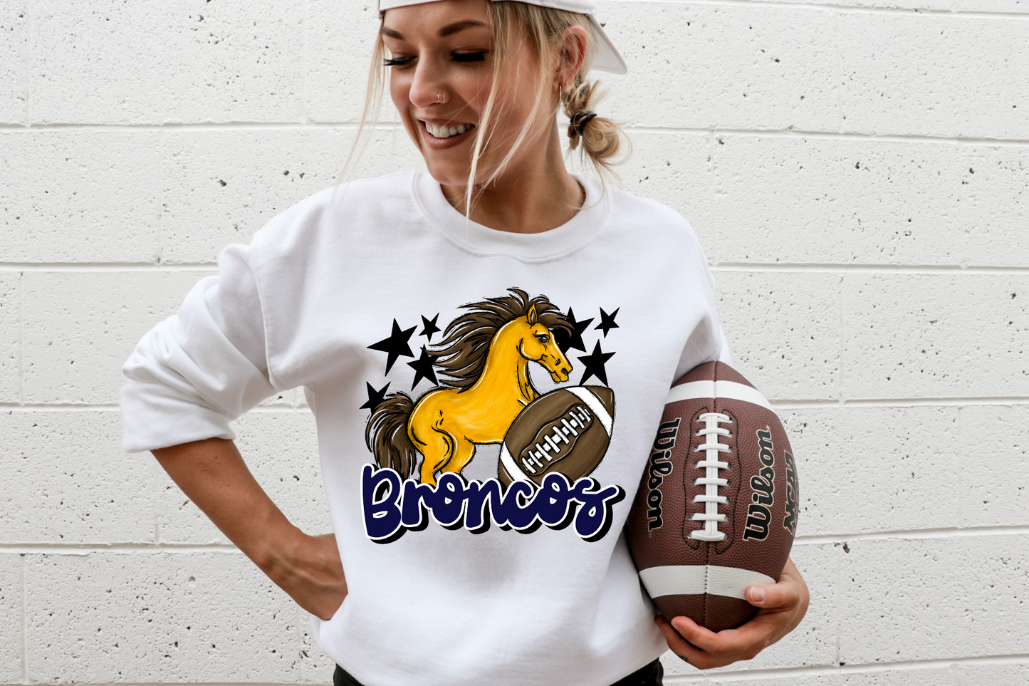 Broncos with mascot- dark blue letters