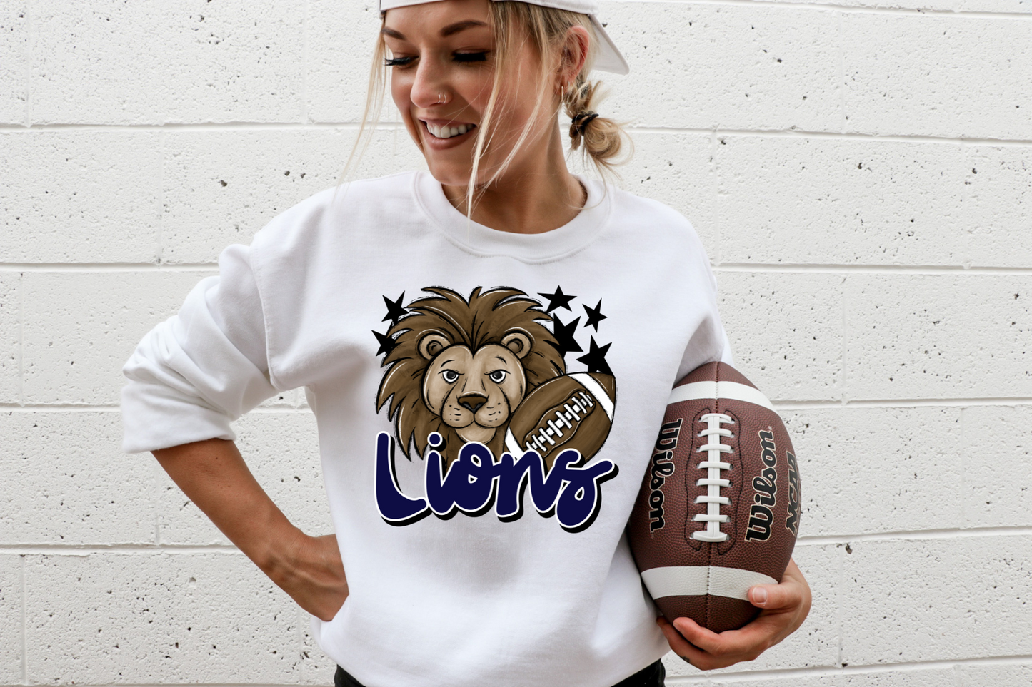 Lions with mascot- dark blue letters