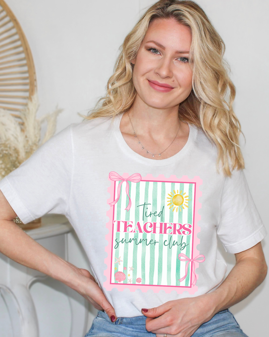 TIRED TEACHERS SUMMER CLUB STRIPES & PINK OUTLINE