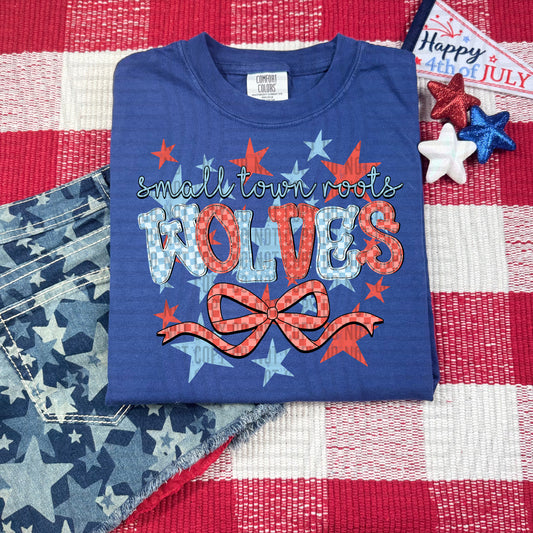SMALL TOWN ROOTS WOLVES RED WHITE & BLUE