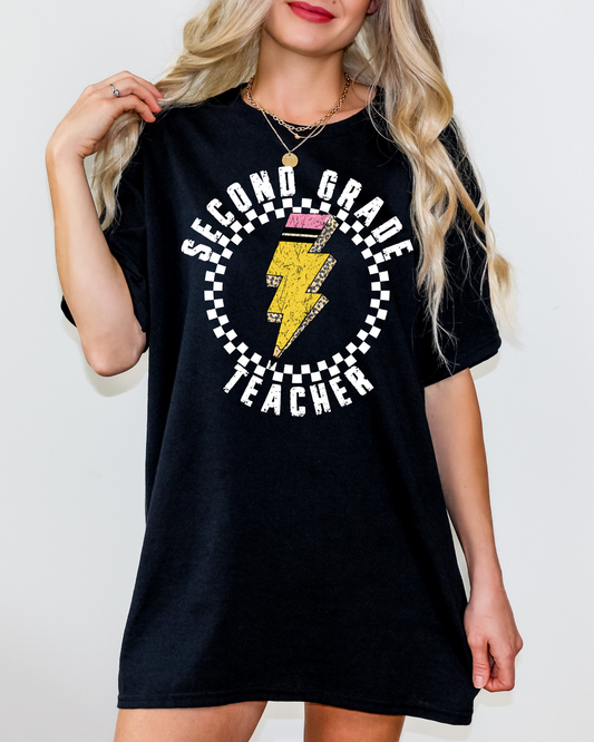 Second Grade Teacher Pencil Lightning Bolt With Checkered Circle
