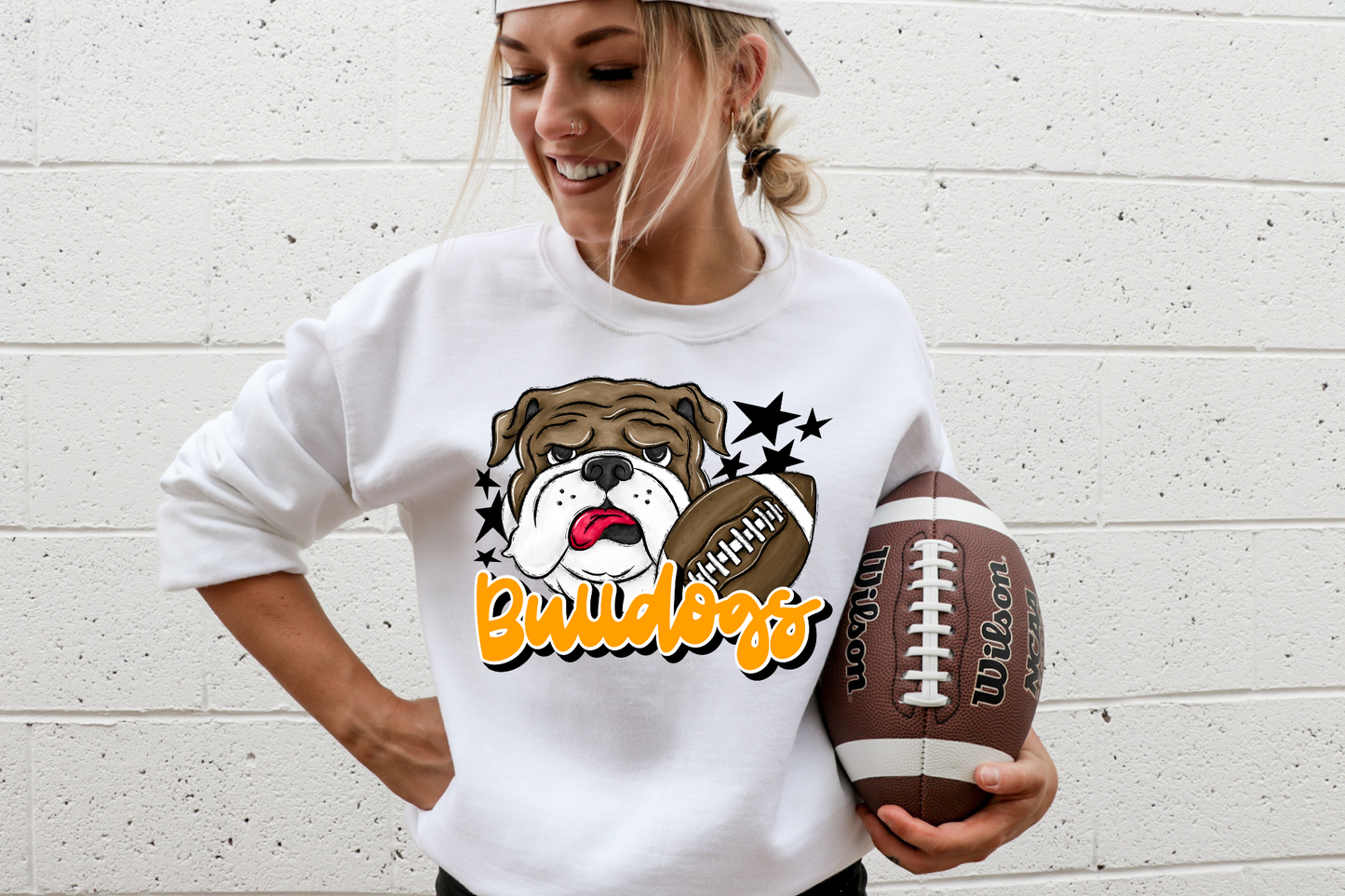 Bulldogs with mascot- dark yellow letters