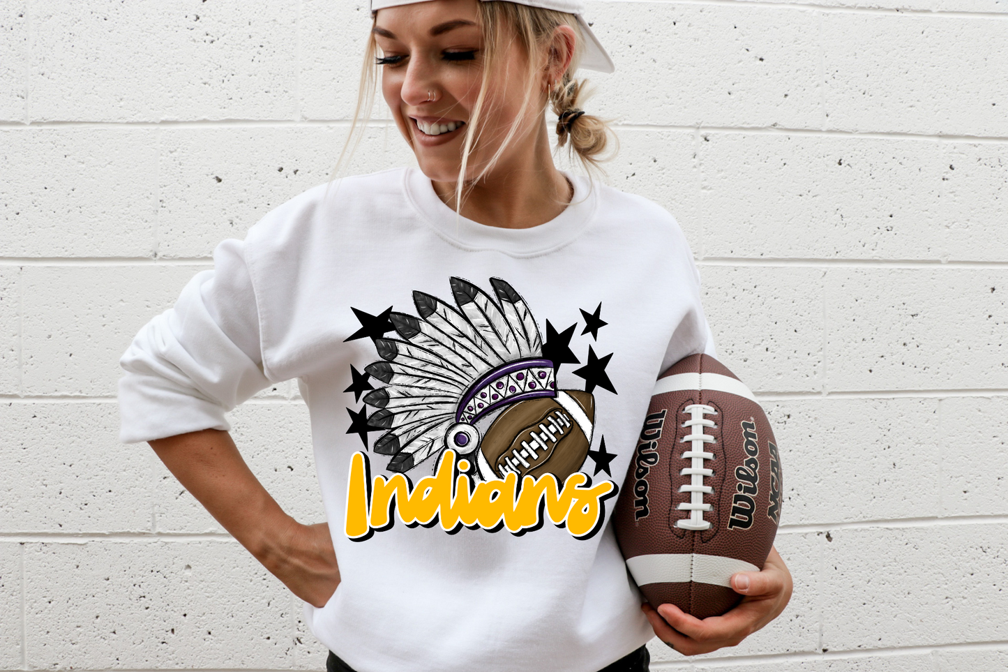 Indians with headdress- bright yellow letters
