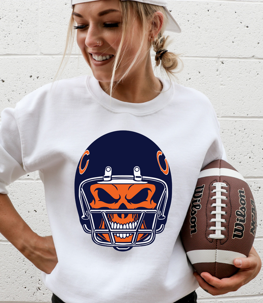 Chicago Bears, orange skull in blue helmet