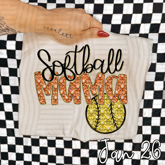 SOFTBALL MAMA ORANGE FAUX SPARKLE
