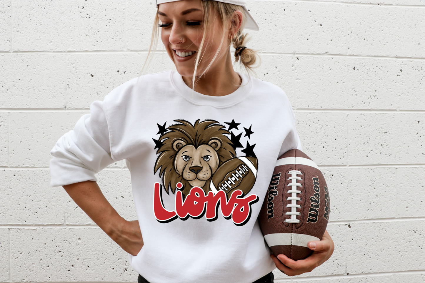 Lions with mascot- red letters