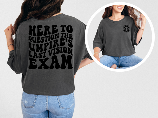 Here to question the umpire's last vision exam (front)