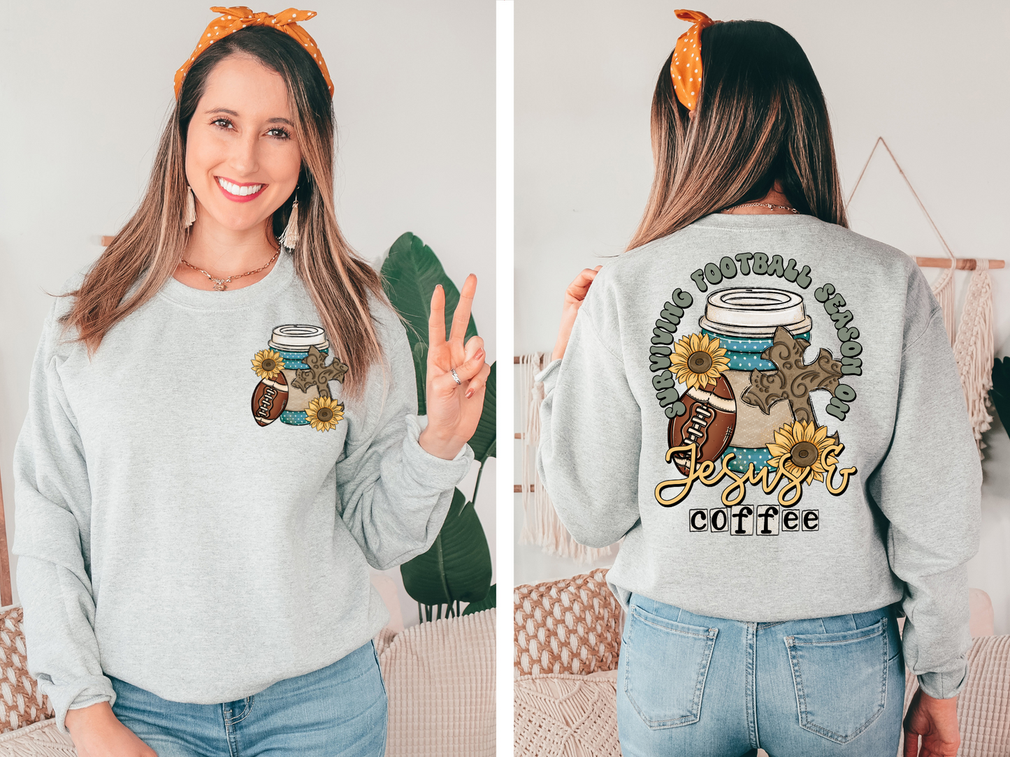 Football, sunflowers, cross and coffee cup - front