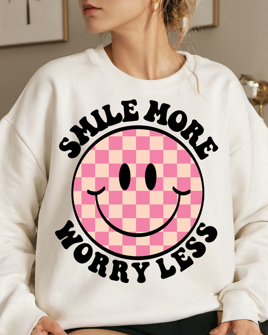 Smile More Worry Less Pink Checkered Smiley Face