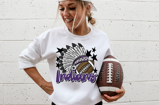 Indians with headdress- purple letters