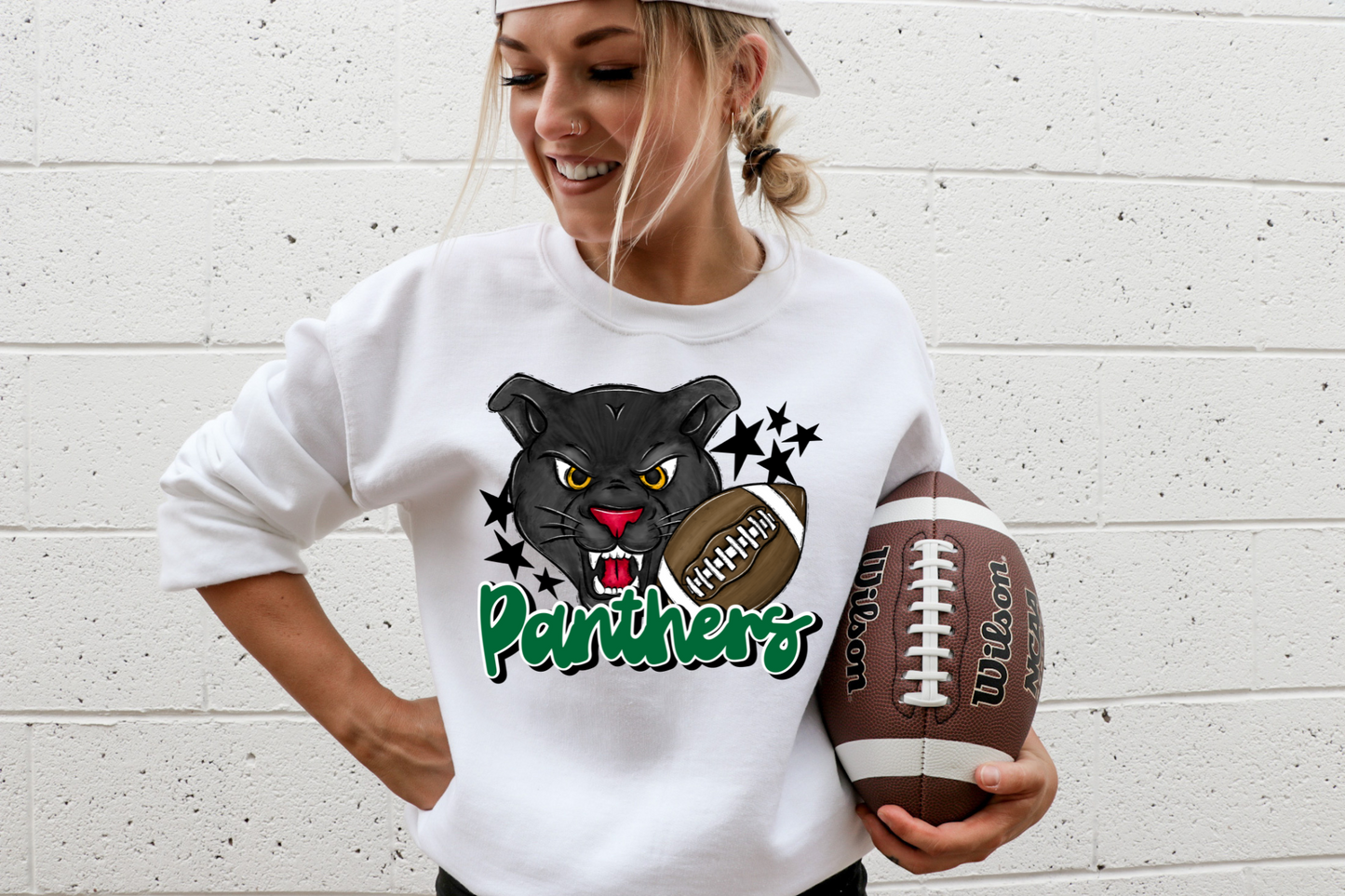 Panthers with mascot- green letters