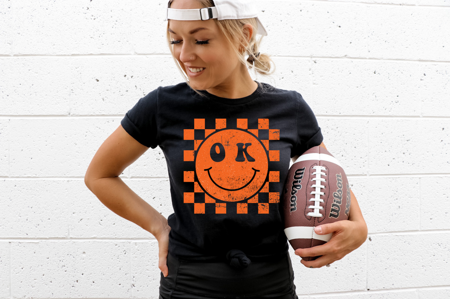 Oklahoma smiley- black and orange checkered