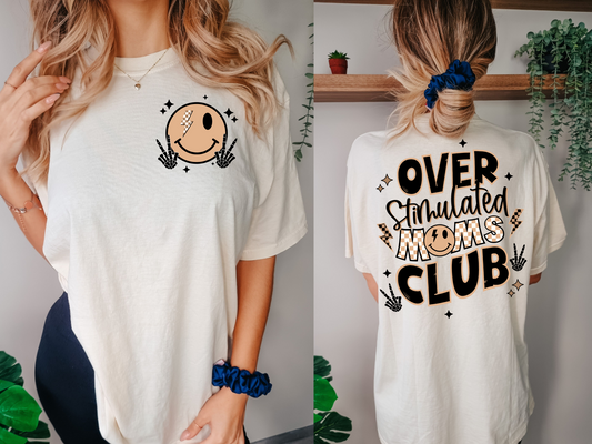 Over stimulated mom's club, orange checkered-back