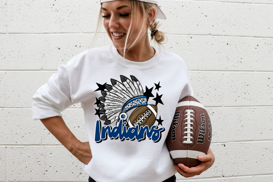Indians with headdress- blue letters