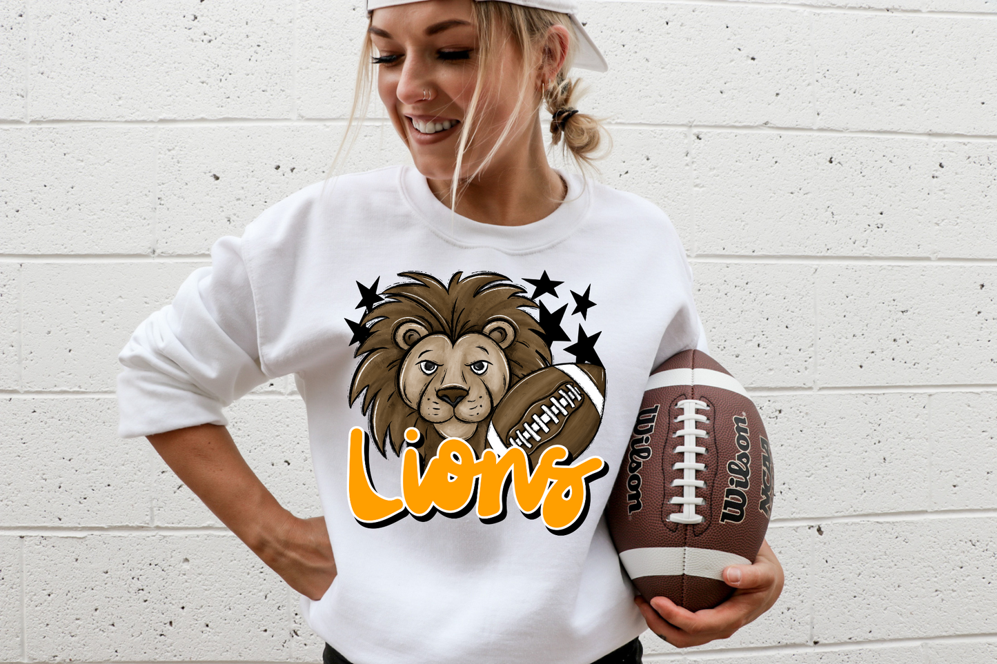 Lions with mascot- dark yellow letters