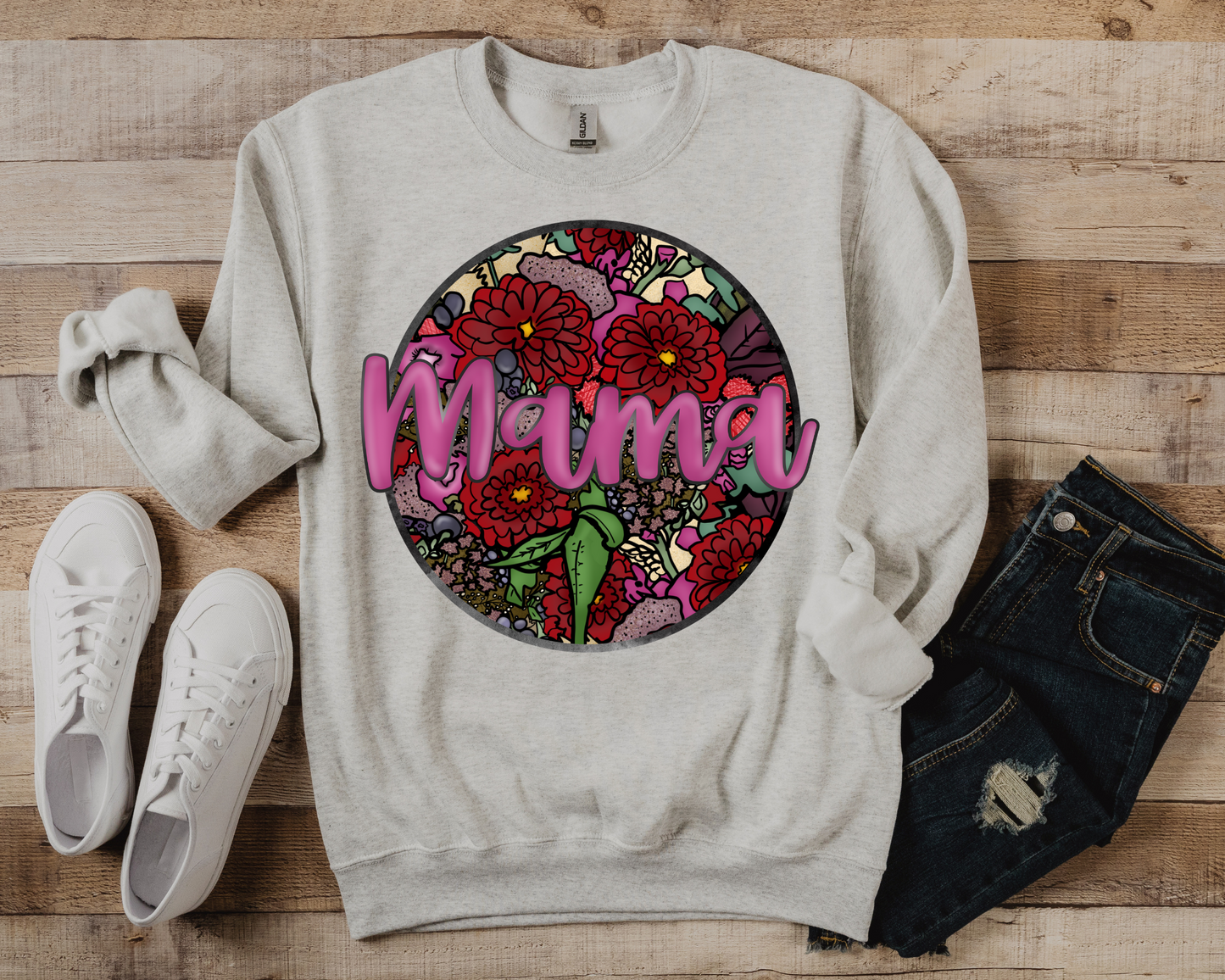 Mama, purple letters with flowery background