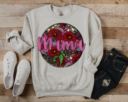 Mama, purple letters with flowery background
