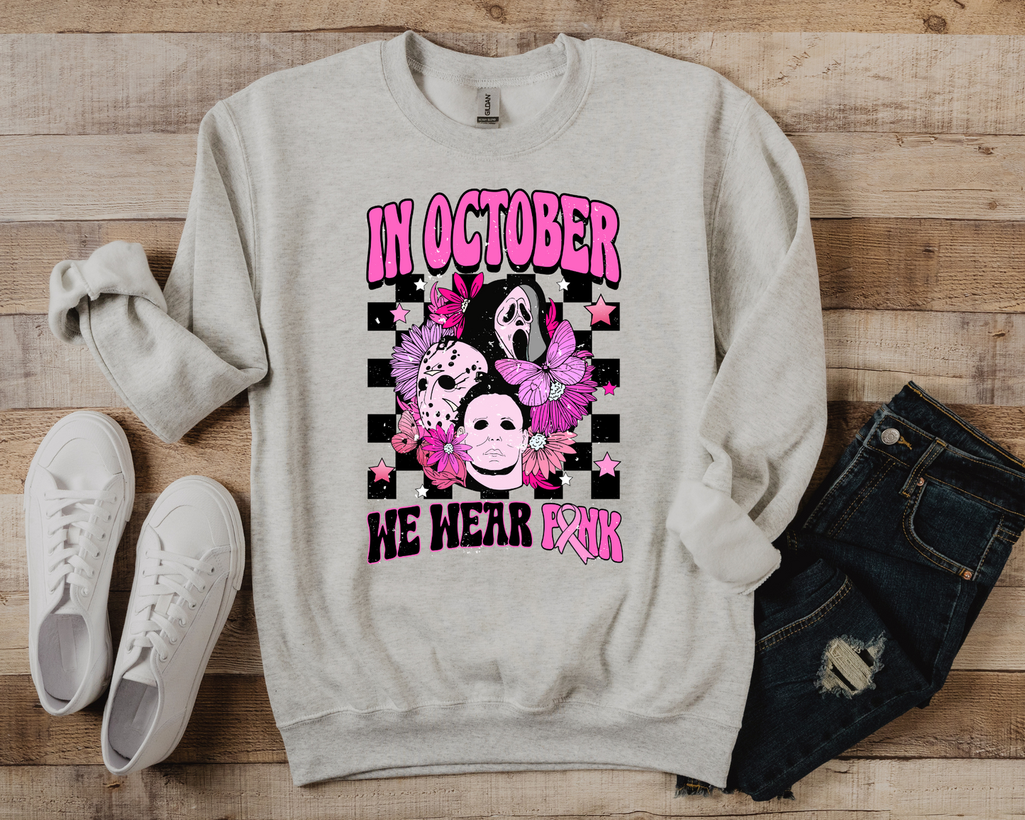 In October we wear pink, black checkered and pink flowers - horror