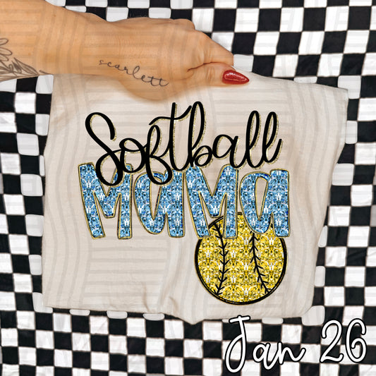 SOFTBALL MAMA LIGHT BLUE FAUX SPARKLE