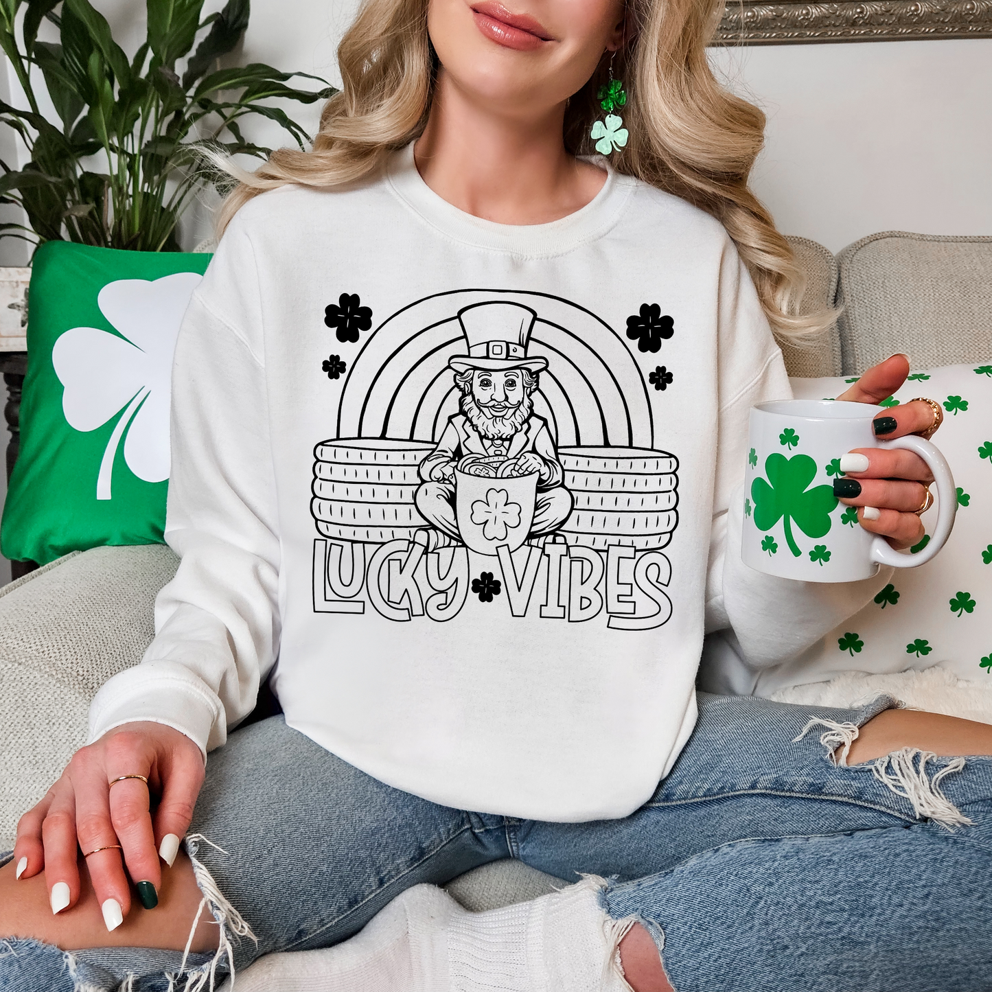 St. Patrick's Day Lucky Vibes Leprechaun Black & White