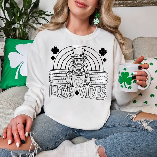 St. Patrick's Day Lucky Vibes Leprechaun Black & White