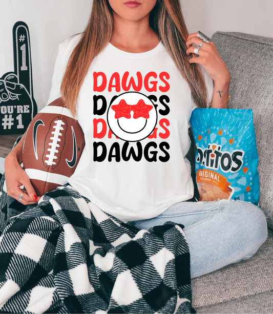 Dawgs with smiley - red & black letters