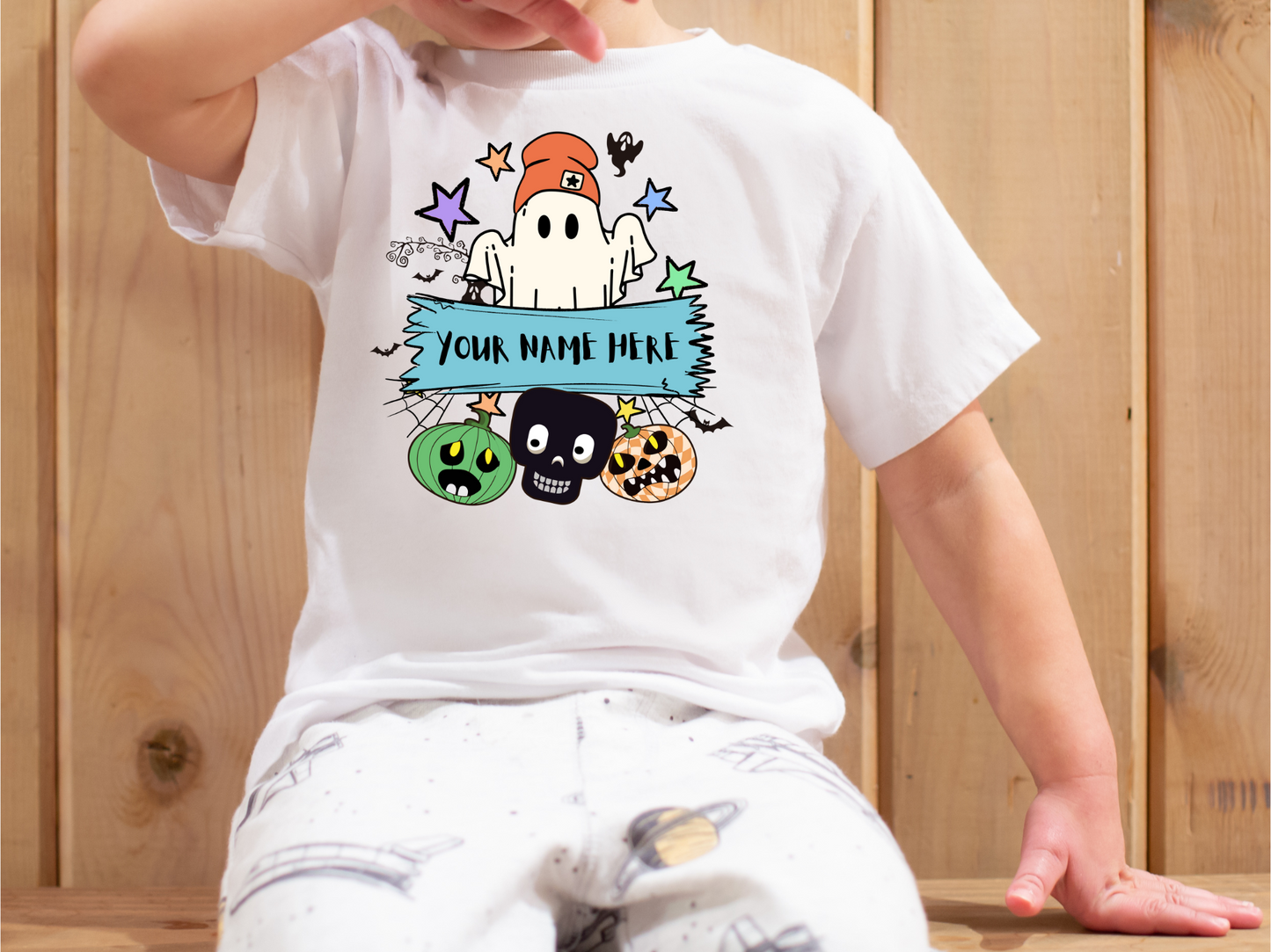 Ghost with pumpkins & skull & personalization sign
