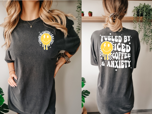 Fueled By Iced Coffee & Anxiety Checkered Wavy- FRONT