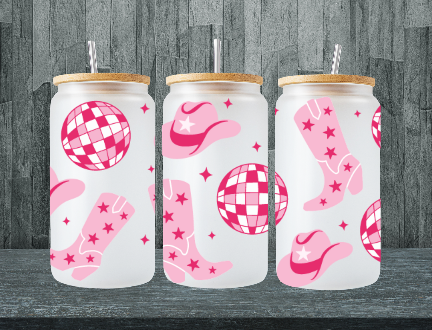 Pink disco ball, cowboy hat and boots - UV Libby Wrap