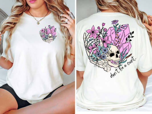 Skull with flowers and crystals - front