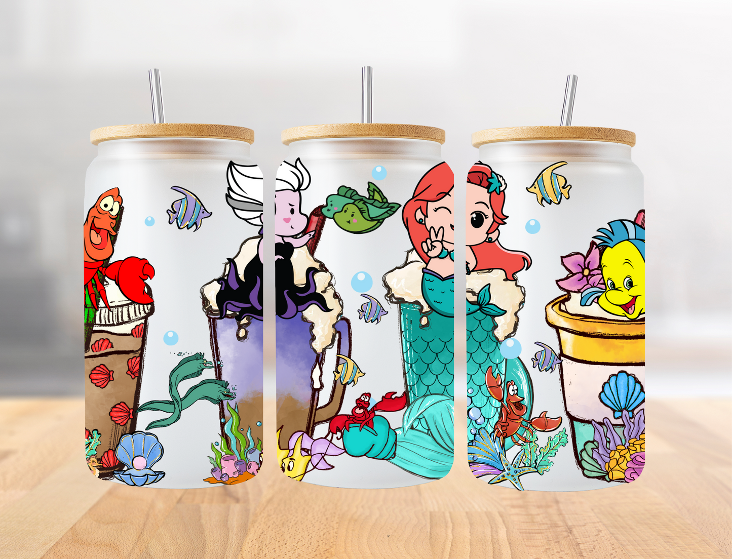 Little mermaid characters sitting in cups - UV Libby Wrap