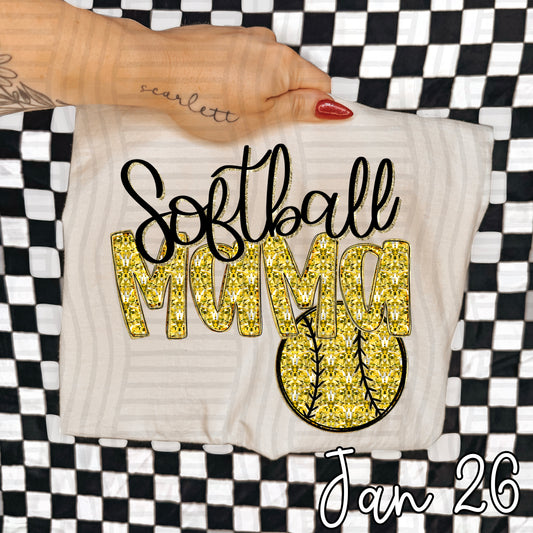 SOFTBALL MAMA YELLOW FAUX SPARKLE