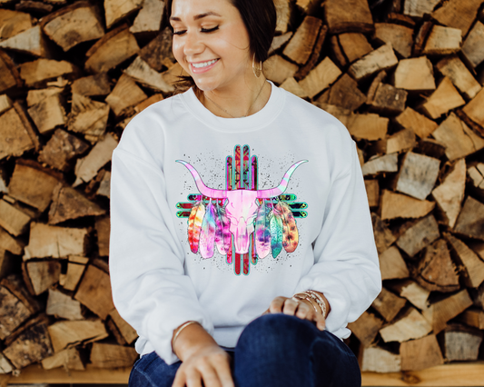 Bull skull with feathers