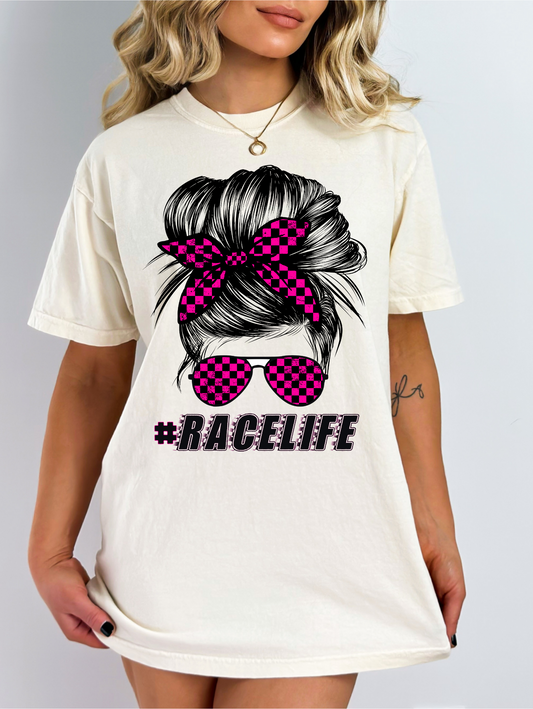 Pink #Racelife Messy Bun