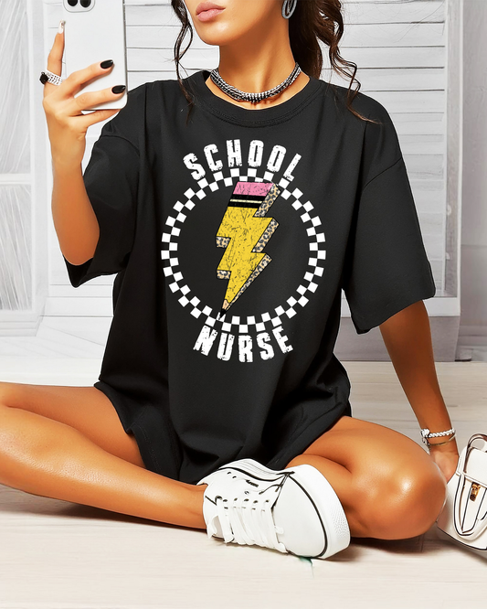 School Nurse Pencil Lightning Bolt With Checkered Circle