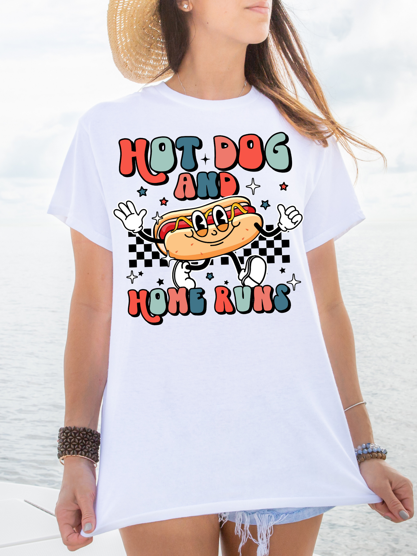 Hot dogs and home runs, black checkered-red&blue