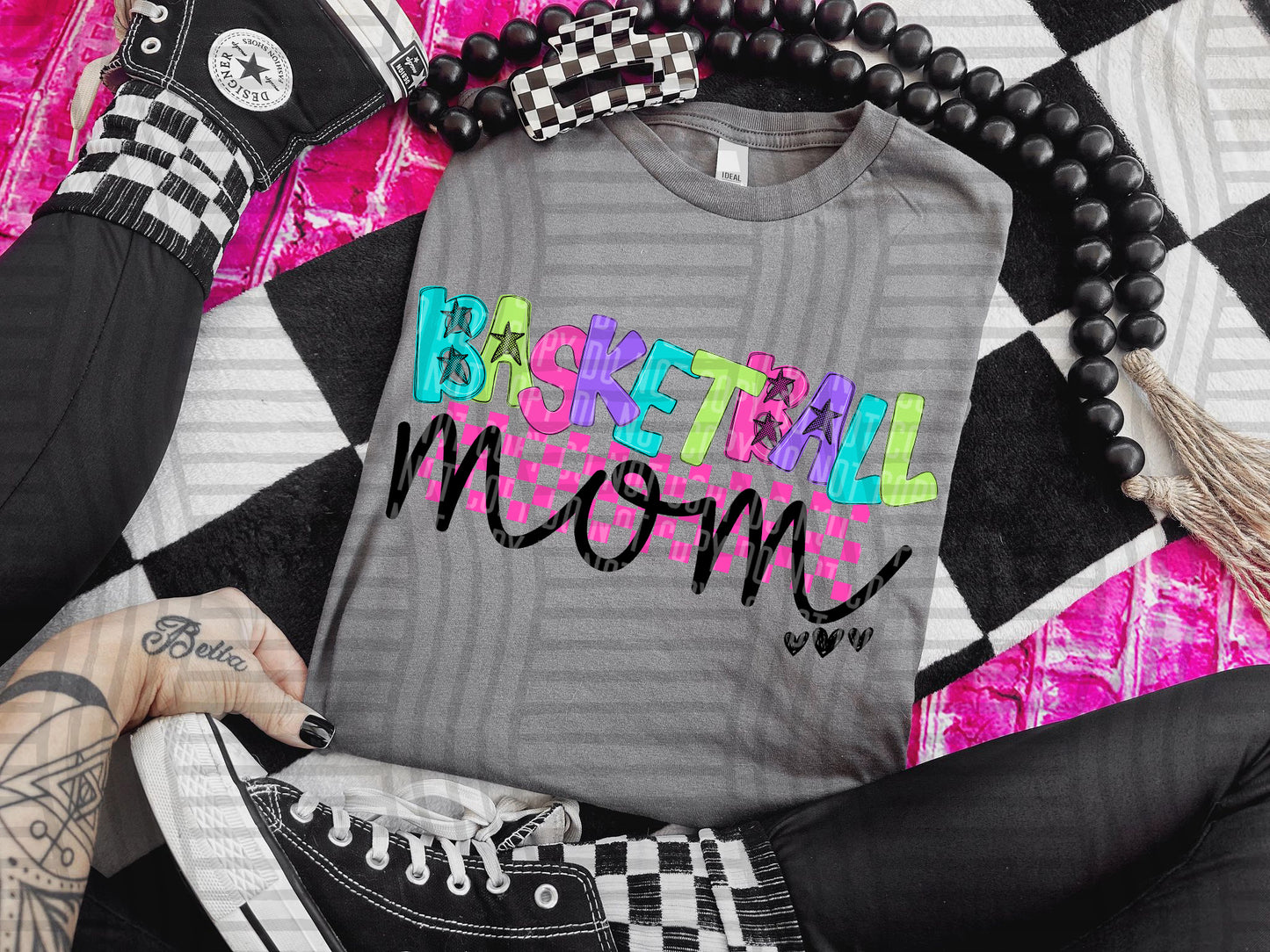 BASKETBALL MOM COLORFUL STARS CHECKERS