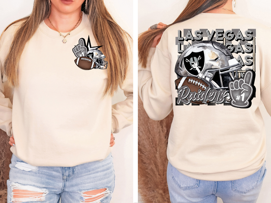 Raiders helmet, football, foam finger - front