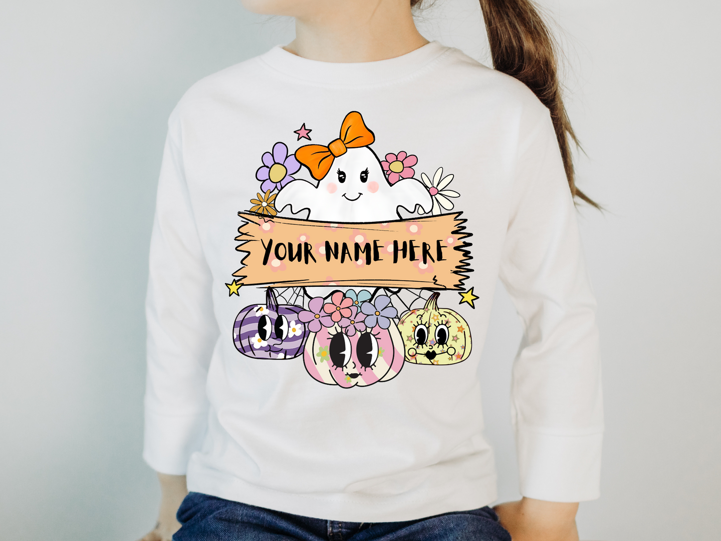 Female ghost with pumpkins and personalization sign