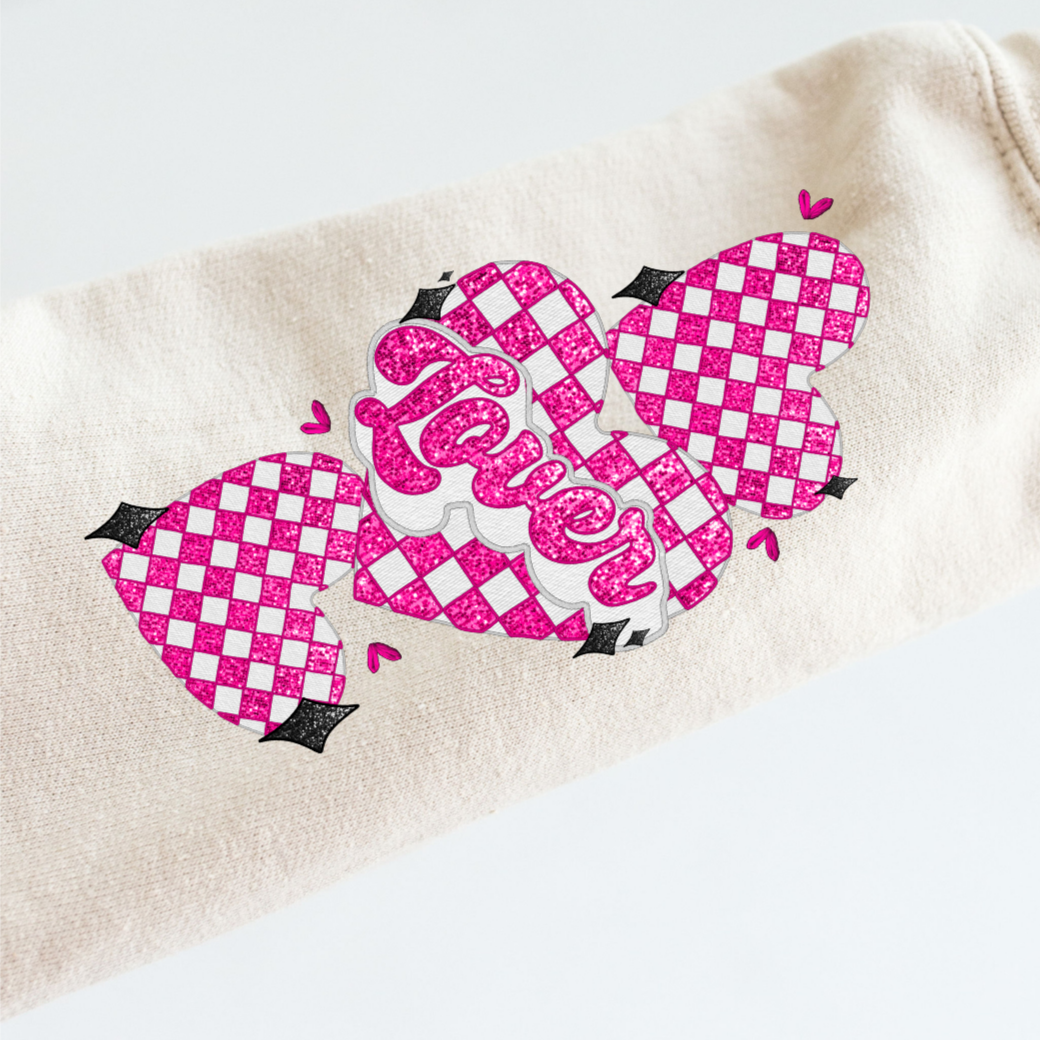 Lover Pink Sequin Checker Heart SLEEVE -DTF Transfer