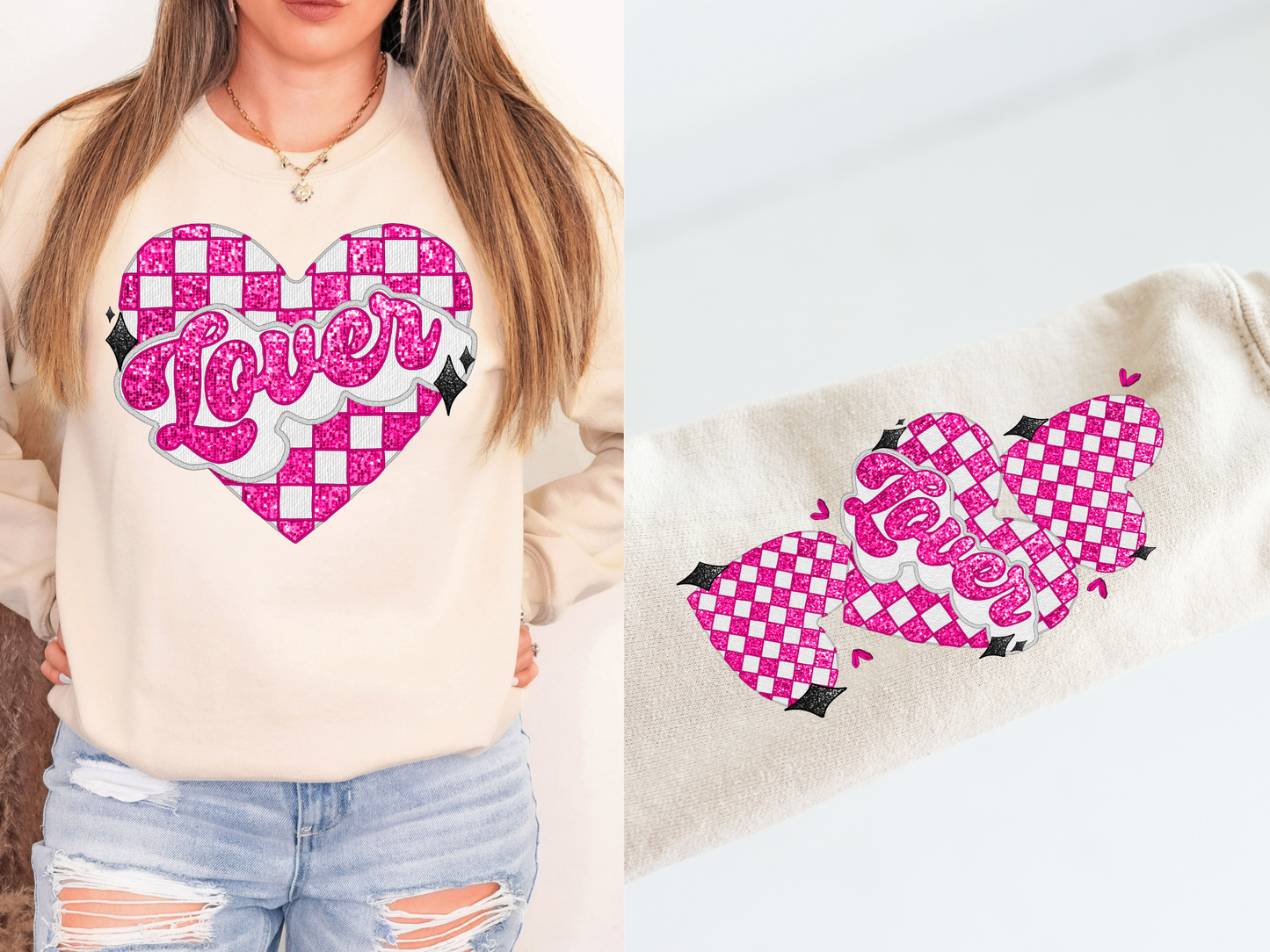 Lover Pink Sequin Checker Heart SLEEVE -DTF Transfer