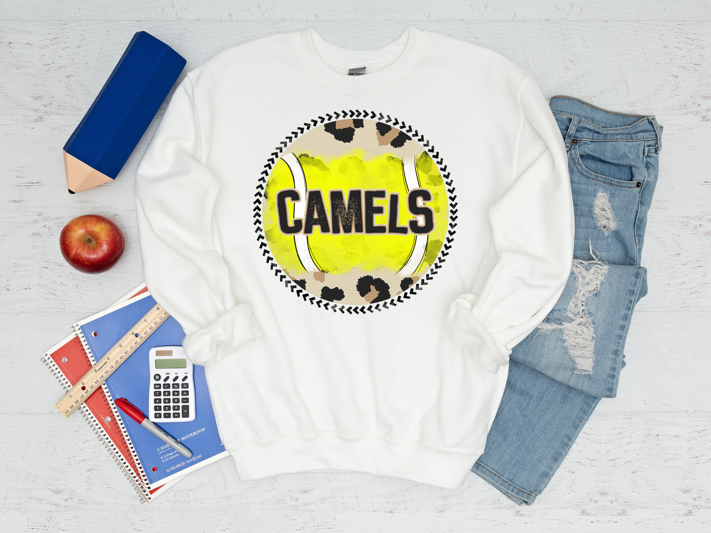 Camels, cheetah print and tennis ball