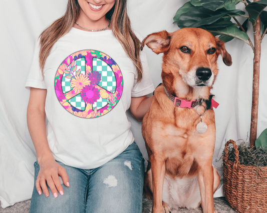 Peace sign and light blue checkered