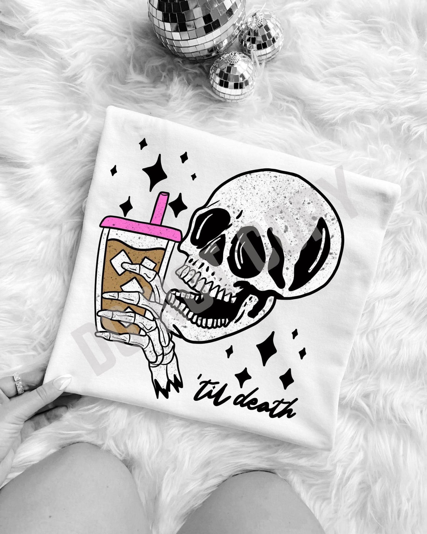 Skull with black sparkle and iced coffee