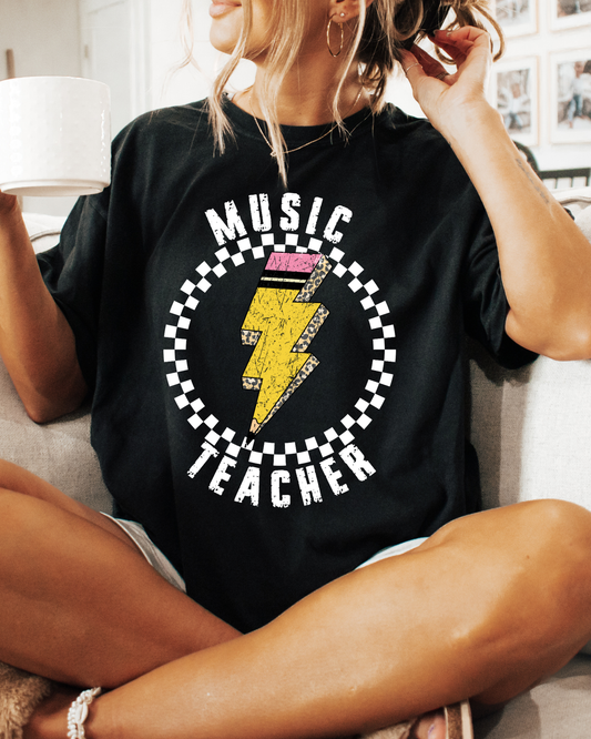 Music Teacher Pencil Lightning Bolt With Checkered Circle